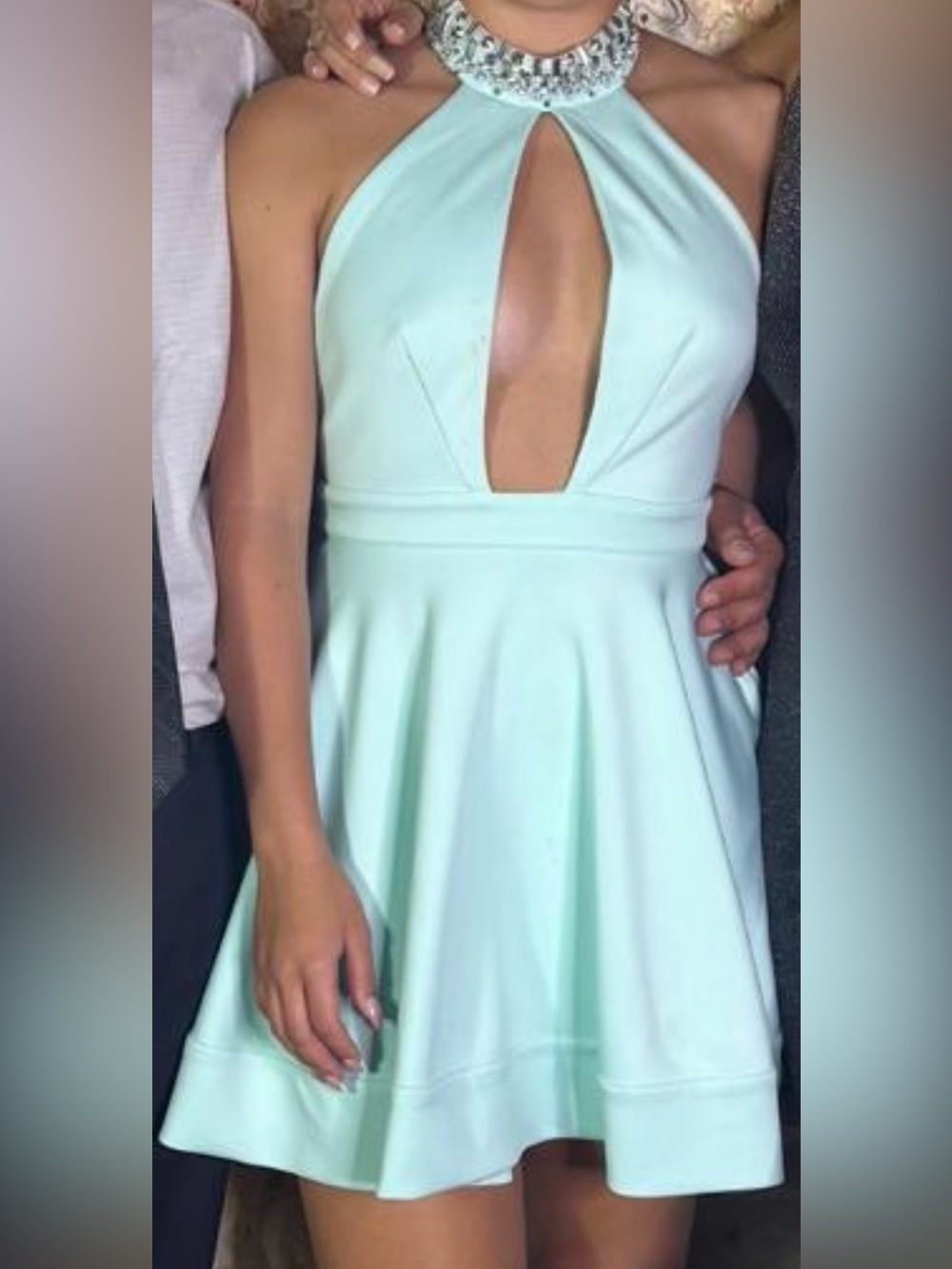 bebe Mint Halter Mini Dress with Jeweled Neckline